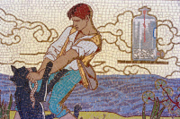 Mosaique représentant le berger Jean-Baptiste Jupille luttant contre un chien enragé