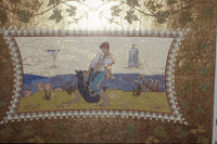 Détail de la mosaïque de la crypte représentant Jupille terrassant un chien enragé
