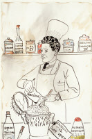 Caricature de Jacques Monod par Francine Lavallé (1957) : Monod enseignant le principe de la perméase à son étudiant, Robert Lavallé.