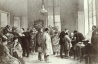 Séance de vaccination antirabique - Dessin de Bayard, 1886.