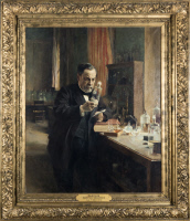 Huile sur toile (réplique) peinte par Albert Edelfelt et Hélène Schjerfberck en 1885 montrant Louis Pasteur dans son laboratoire de l'Ecole normale supérieure en 1885 .