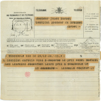 Télégramme du comité Nobel à Jules Bordet le 29 octobre 1920