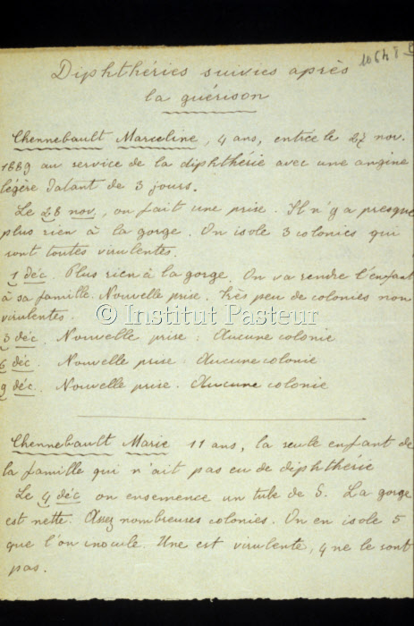 "Diphtéries suivies aprés guérison" manuscrit d'Alexandre Yersin
