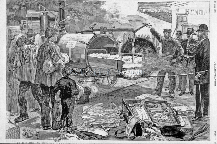 "Le choléra en Espagne : désinfection des bagages des voyageurs à la gare d'Hendaye" in L'Illustration du 28-06-1890