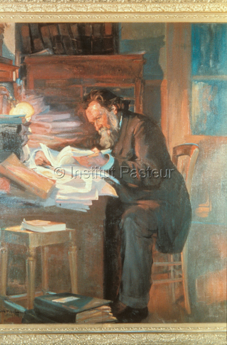Elie Metchnikoff dans son bureau. Huile sur toile, signée Perelmann, 1907 