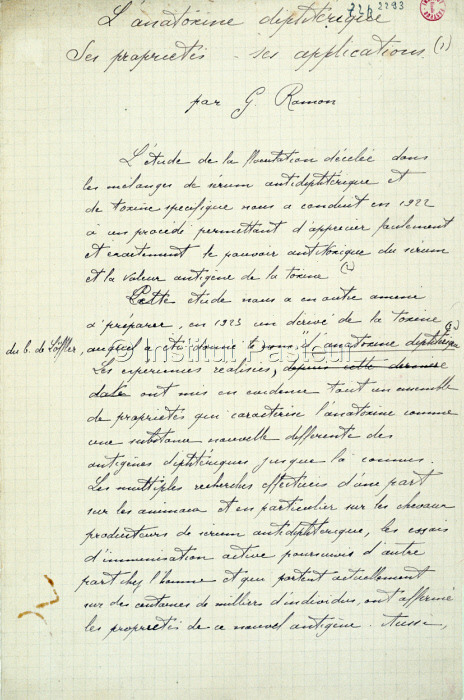 Manuscrit sur l'anatoxine diphtérique écrit par Gaston Ramon