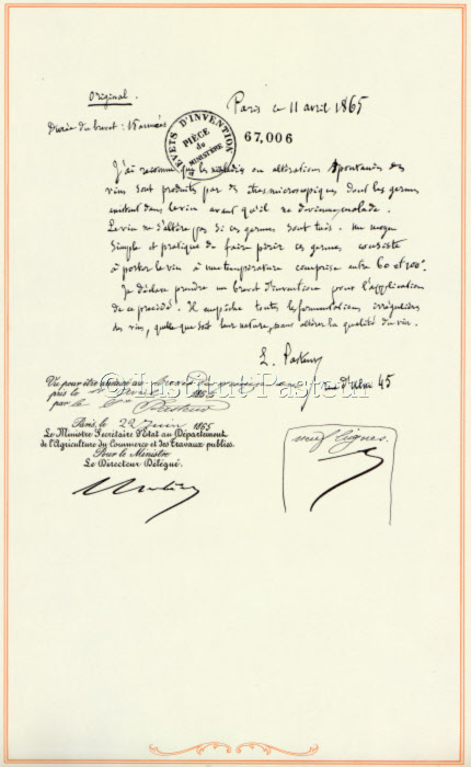 Brevet manuscrit de Louis Pasteur du 11 avril 1865 pour la conservation des vins.