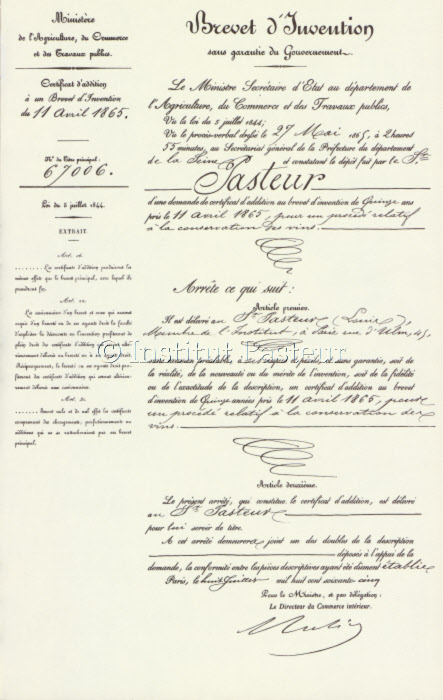 Addition de mai 1865 au brevet d'invention de Louis Pasteur sur le chauffage des vins