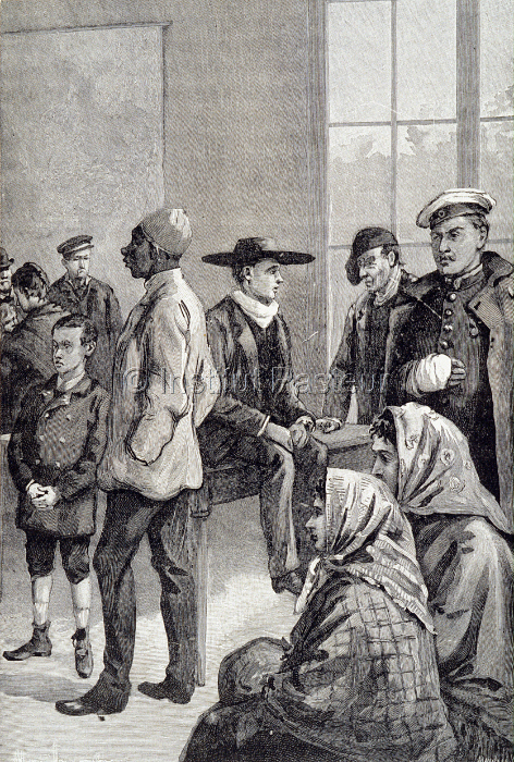 Attente des mordus à l'Institut Pasteur pour la vaccination contre la rage, v. 1895.