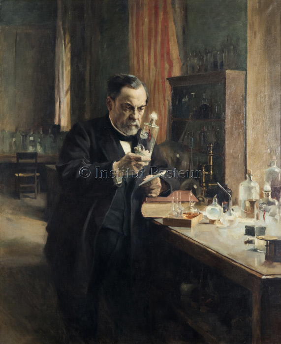 Huile sur toile (réplique) peinte par Albert Edelfelt et Hélène Schjerfberck en 1885 montrant Louis Pasteur dans son laboratoire de l'Ecole normale supérieure en 1885 .