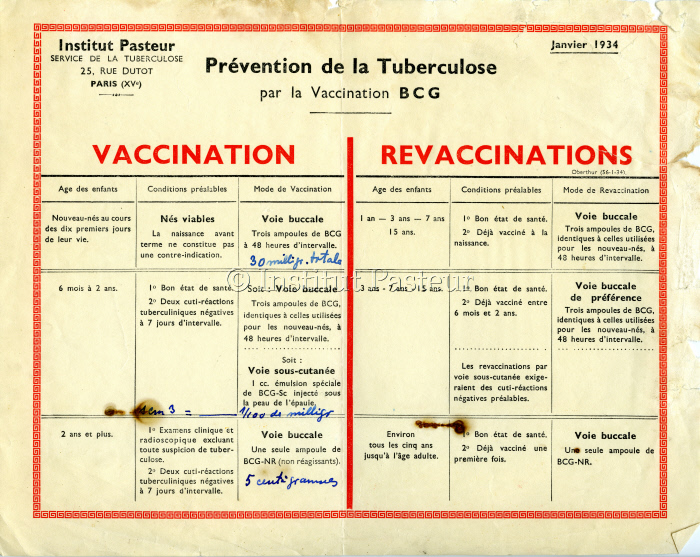 Prospectus du Service de la tuberculose de l'Institut Pasteur en janvier 1934
