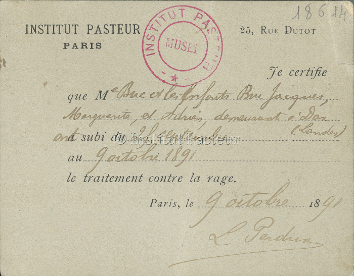 Rage, certificat vaccination, 1891