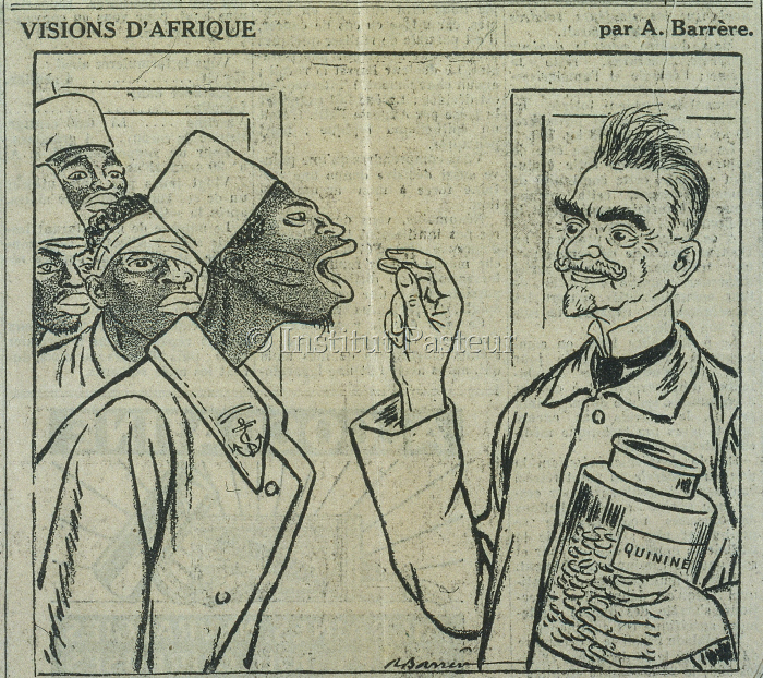 Caricature d'Emile Marchoux distribuant des pastilles de quinine