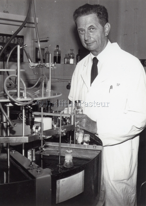André Lwoff dans son laboratoire, 1965.