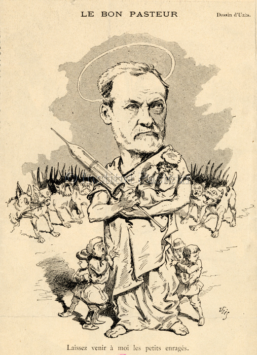 Caricature de Louis Pasteur "Laissez venir à moi les petits enragés"