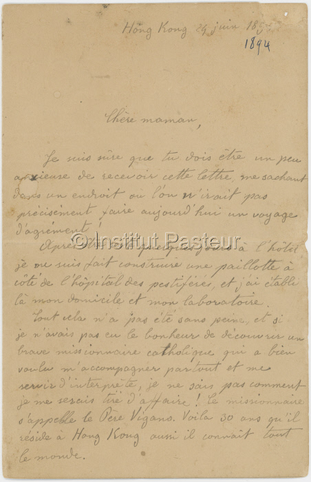 Lettre d'Alexandre Yersin à sa mère datée du 24 juin 1894. Page 1.