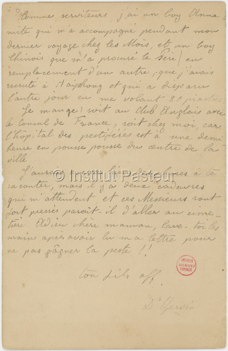 Lettre d'Alexandre Yersin à sa mère datée du 24 juin 1894. Page 4.